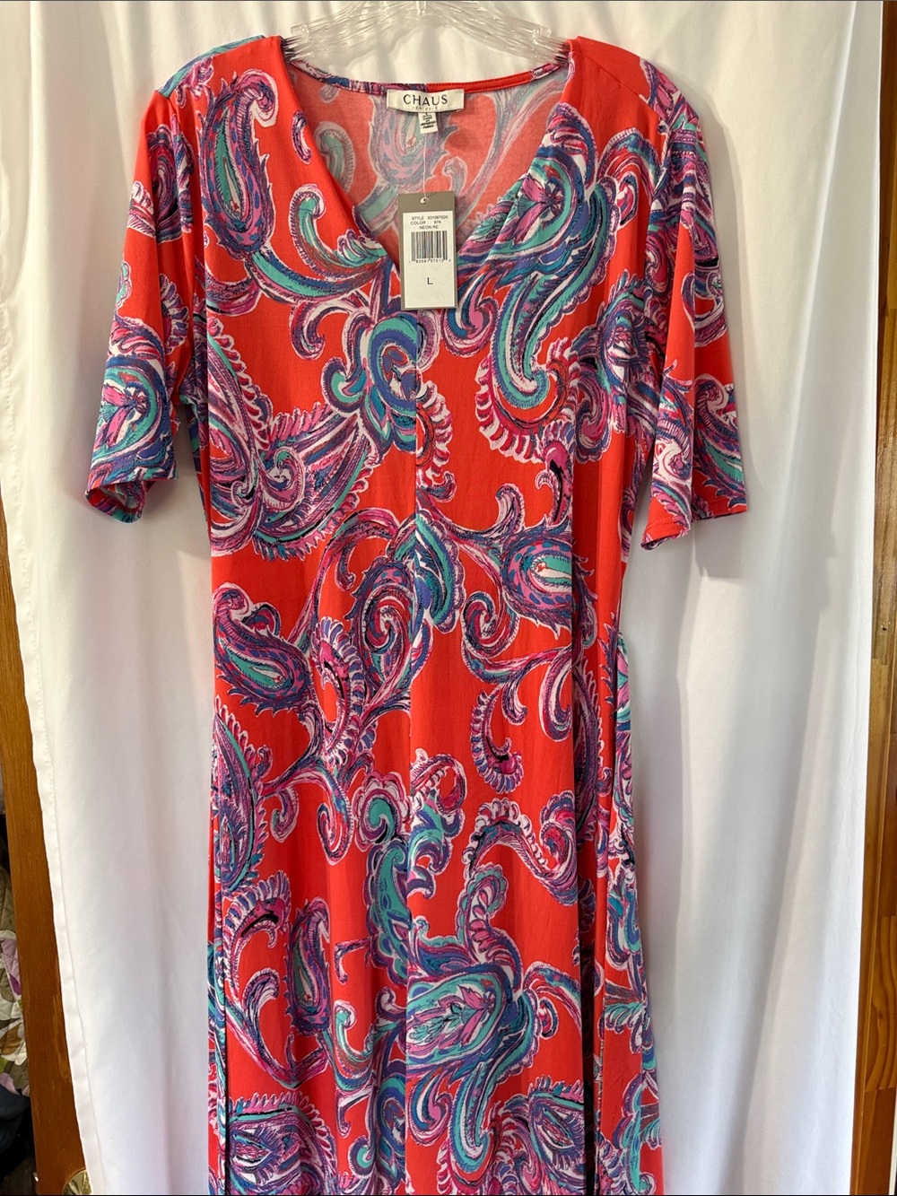 Chaus Coral Red Paisley V-Neck Maxi Dress